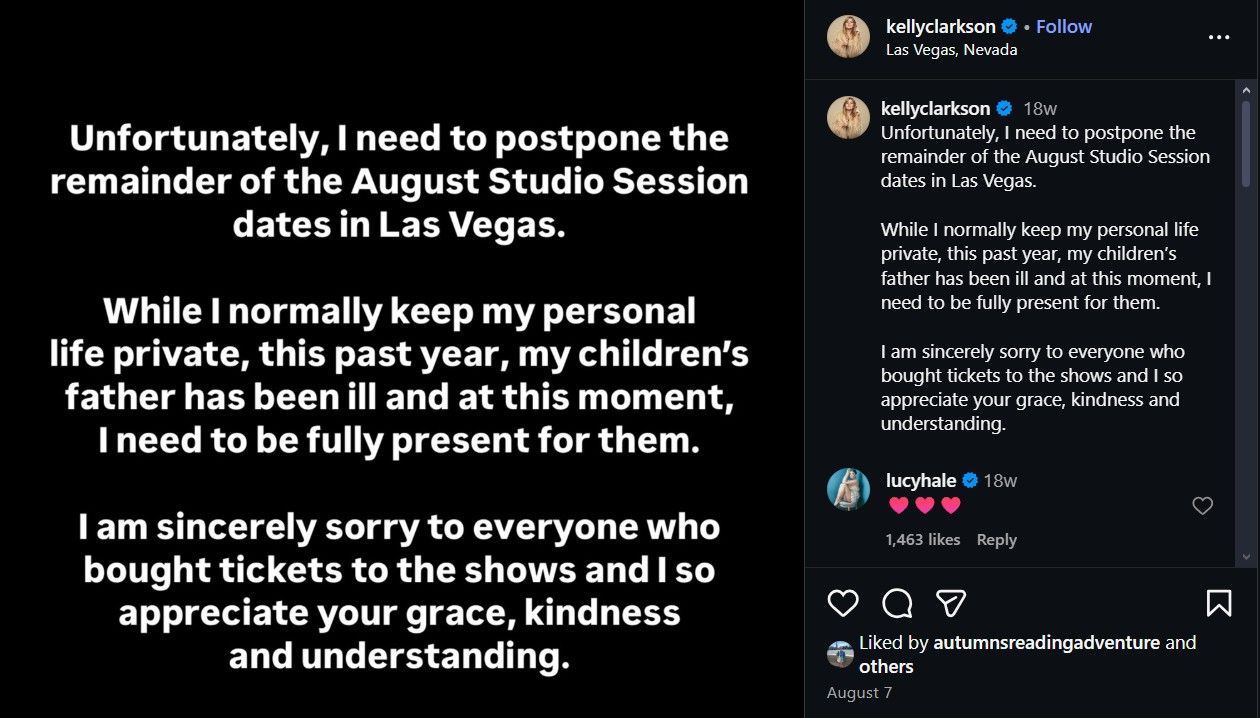 Kelly Clarkson’s announcement on Instagram around the time of Brandon Blackstock's passing